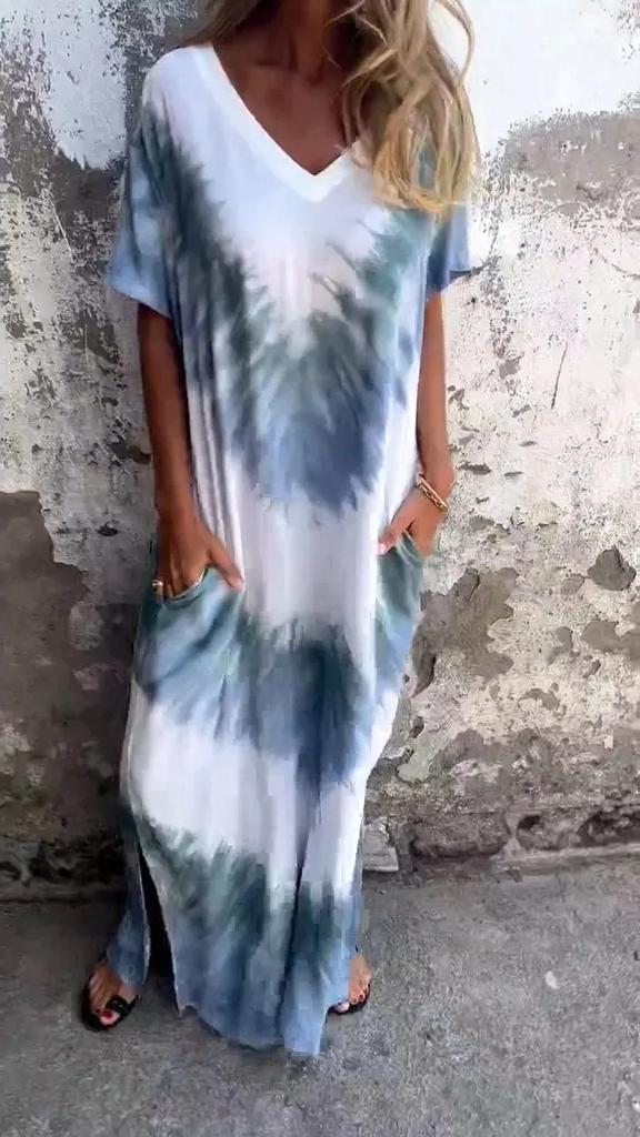 Summer New European And American Style Women'S Clothing Casual Loose Short-Sleeved V-Neck Split Fork Gradual Change Tie-Dye Long Dress