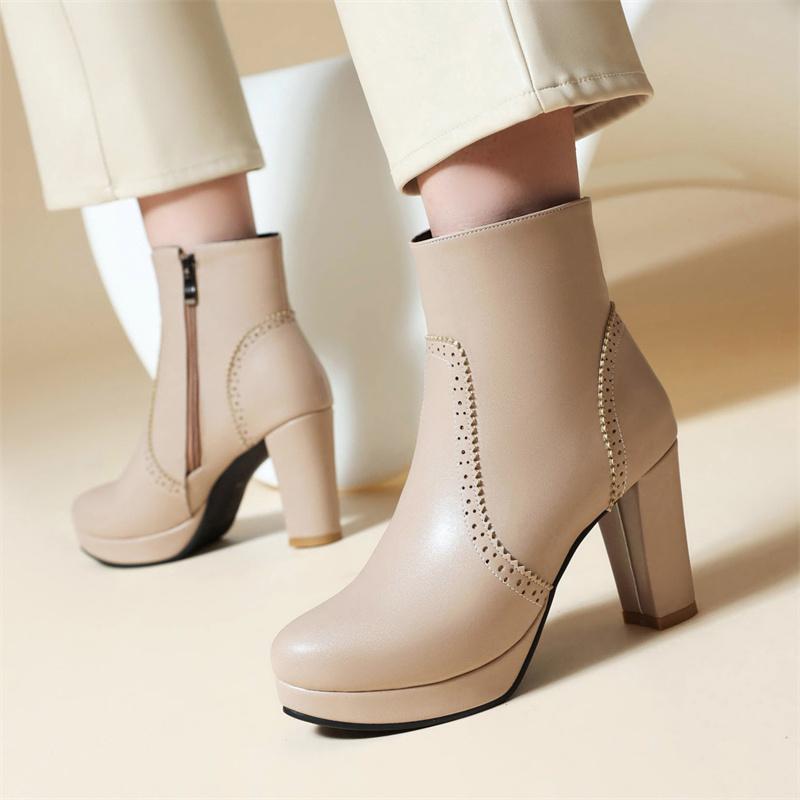 British Platform Ankle Boots Women Red Brown Pinked Microfiber High High Chunky Heel Winter Dress Office Lady Zipper Short Boots