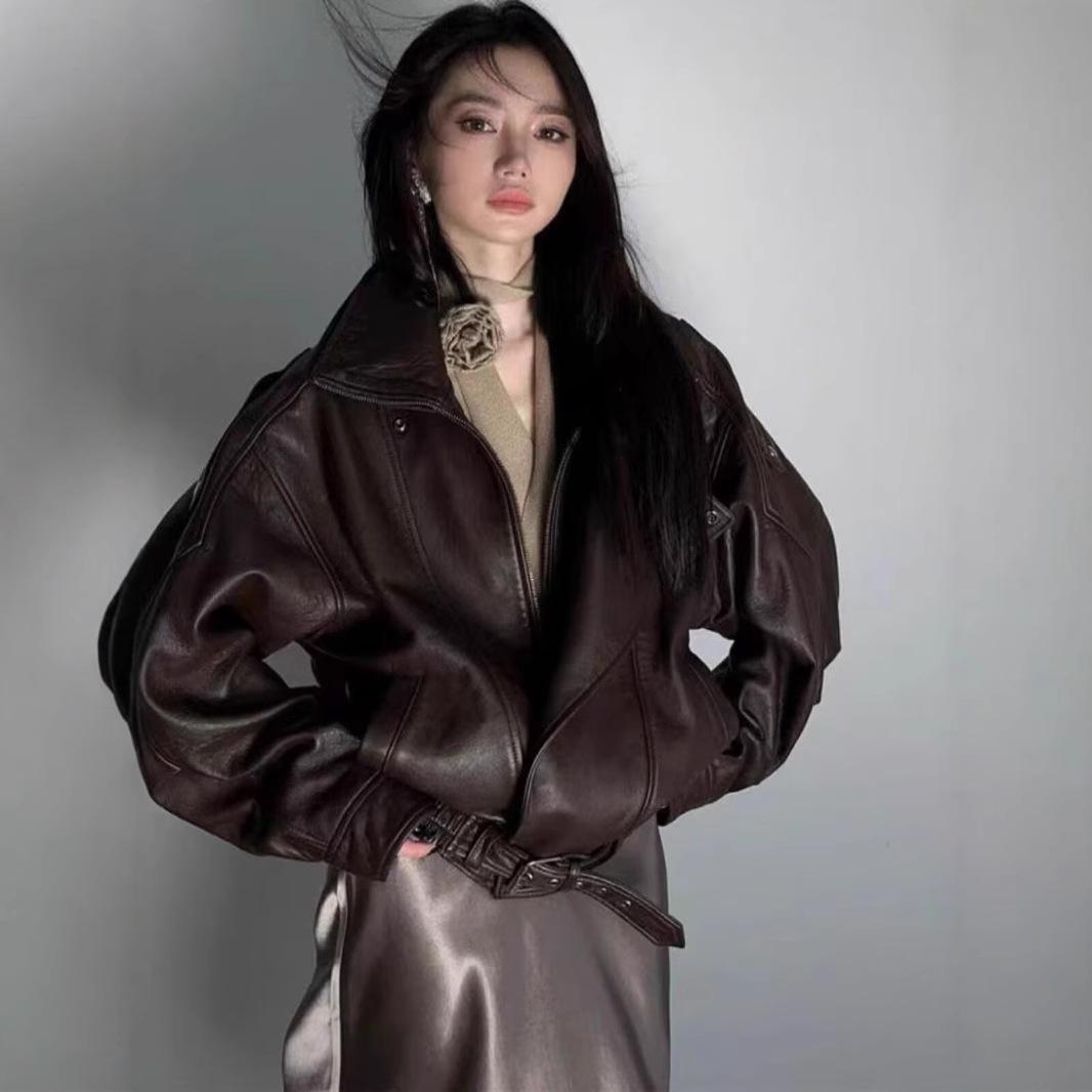 

Ретро мотоциклетная куртка из ПУ кожи для мужчин и женщин - Осенняя повседневная верхняя одежда в панк-стиле L коричневый