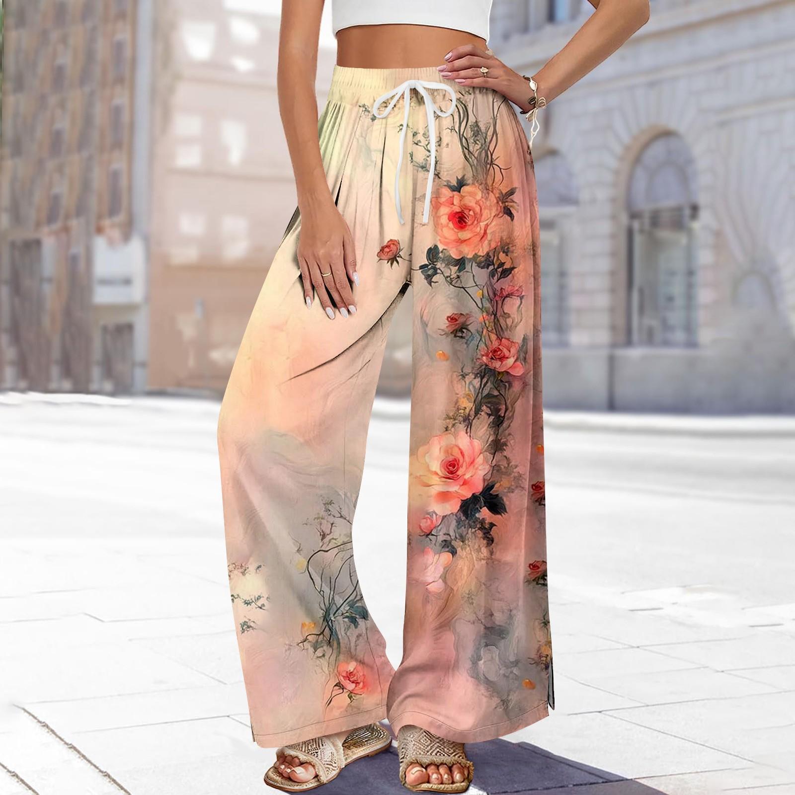 

Женские летние брюки-палаццо в стиле бохо с высокой талией, широкие повседневные брюки с принтом и карманами XL хаки