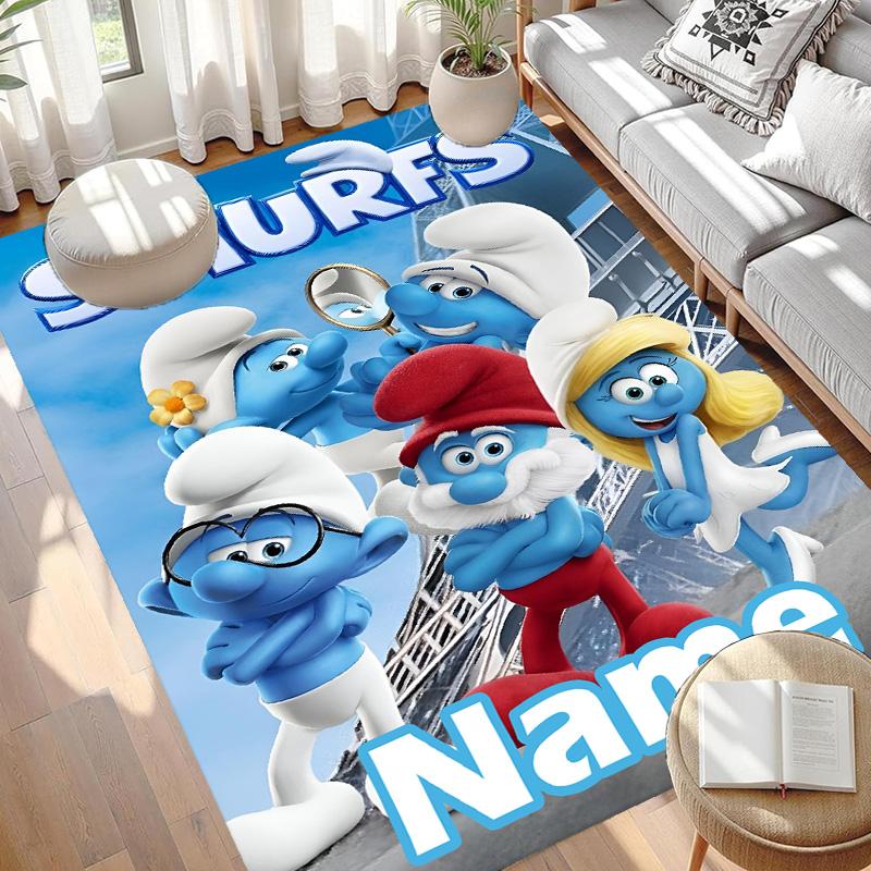 Custom Name Personalized Blue Smurfs Print Carpet, Versatile Home Decor Rug, for Playroom, Apartment, Balcony, Entryway, Hallway Gift