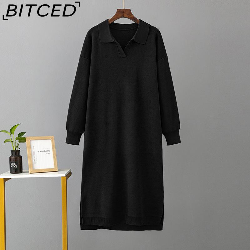 

BITCED Жіночі осінньо-зимові в язані вільні великі однотонні сукні з коміром поло на підкладці one size чорний