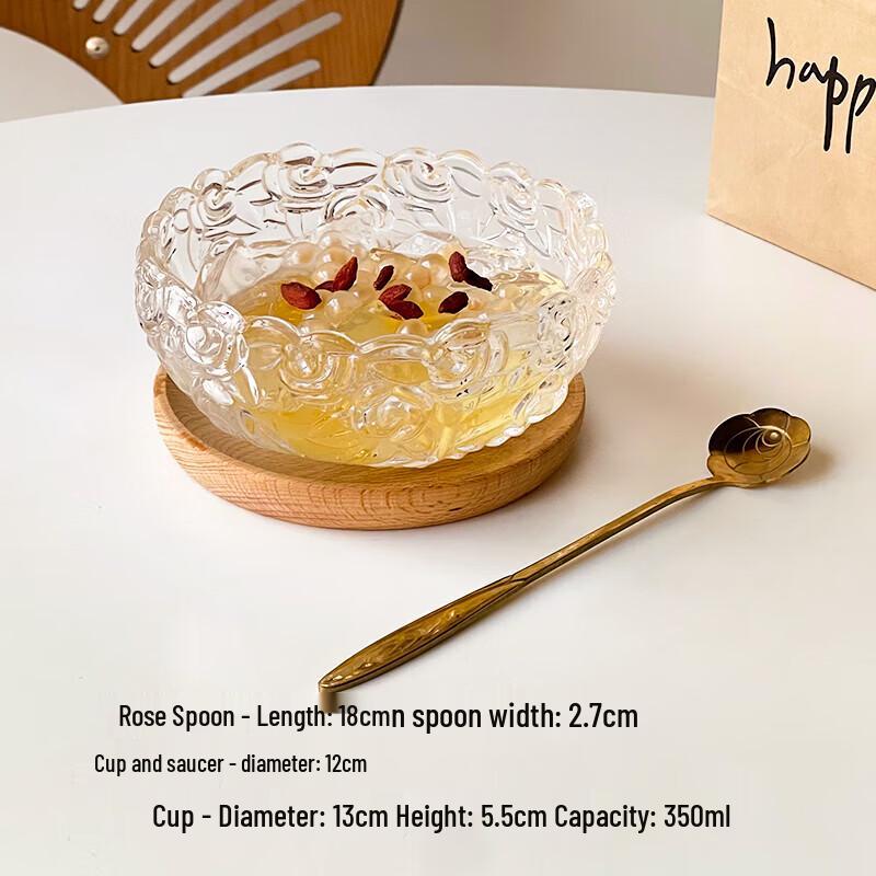 Glass Rose Dessert Bowl Set with Tray and Spoon