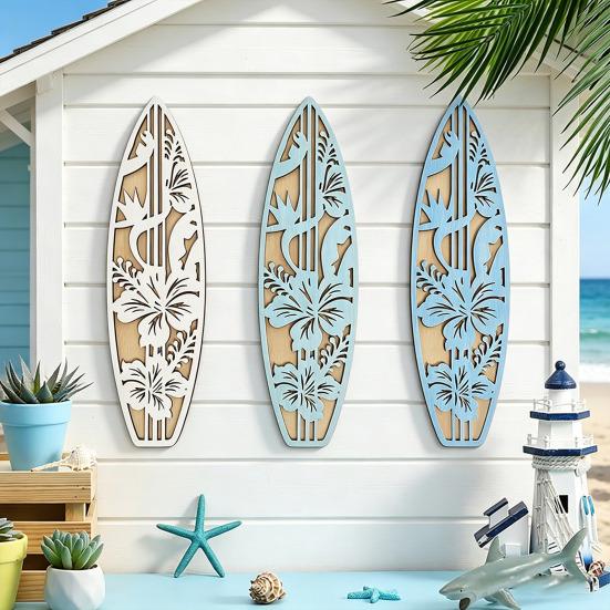 Wooden Surfboard Wall Hanging Decor Coastal Beach Hollow Surfboard Wall Art for Summer Tropical Bedroom Living Room Decoration