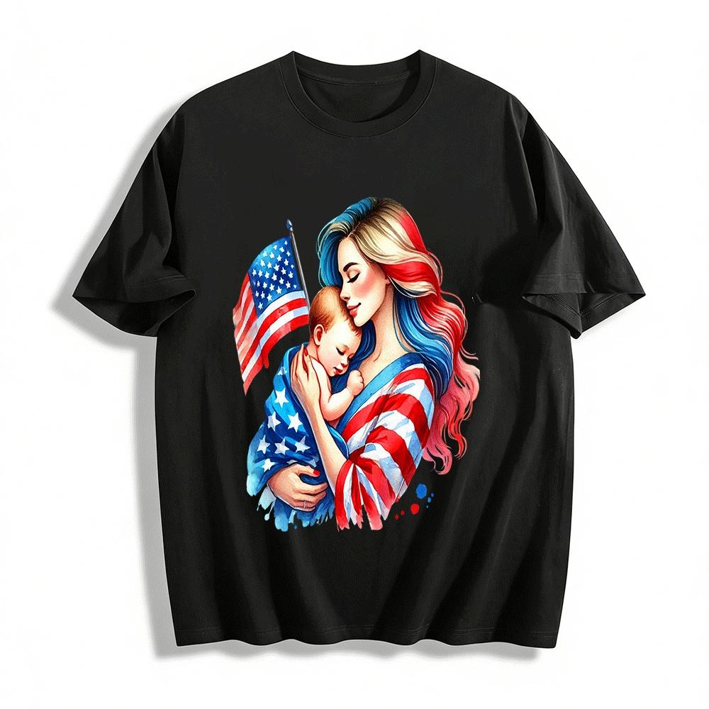 Patriotic Mom And Baby USA Flag Print Adult T-Shirt Pure cotton T-shirt XXS