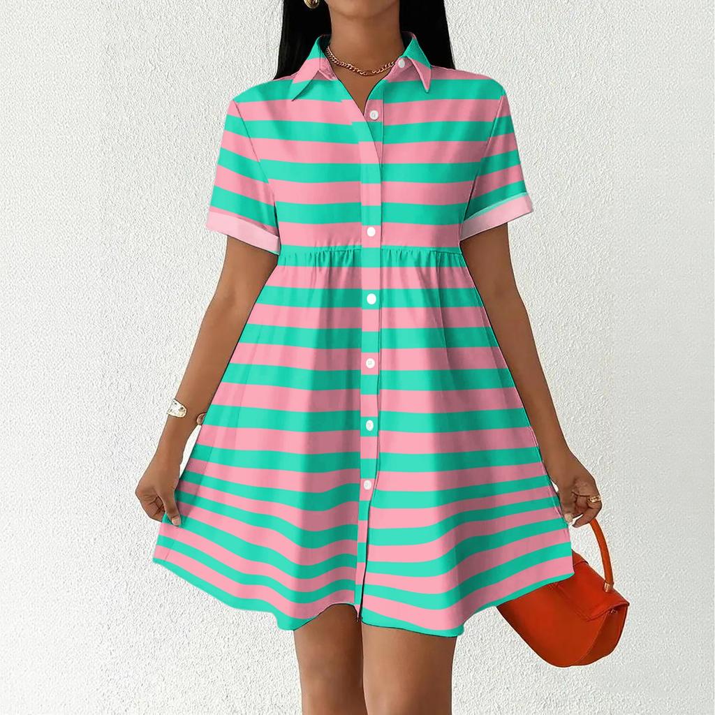 Women Loose Fit Casual Shirt Dress with Button Front and Stand Collar Short Sleeve Striped Design for Everyday Wear