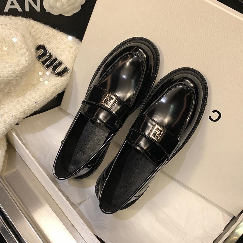 Gold Buckle Platform Small Leather Shoes Women's 2025 New Spring and Summer New British Style Leather Black One-pedal Loafers