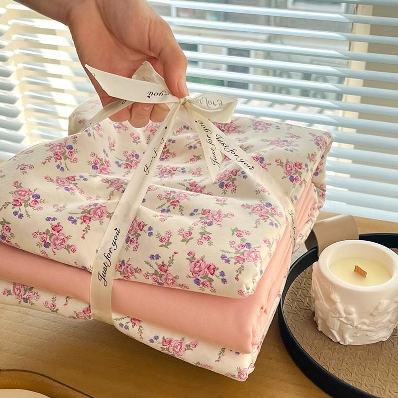 Ins Floral Print Bedding Set Knitted Cotton Flat Sheet Set Four Pieces Duvet Cover Double Layer-yarn 4Pcs Lovely Fitted Sheet