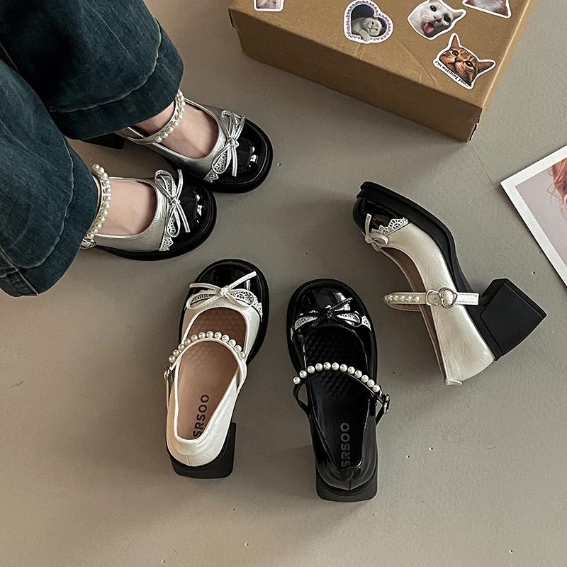 Versatile Retro Bow High-heeled Mary Jane Shoes Women's Summer Fashion Casual Pearl One-word Thick-soled Thick-heeled Single Shoes