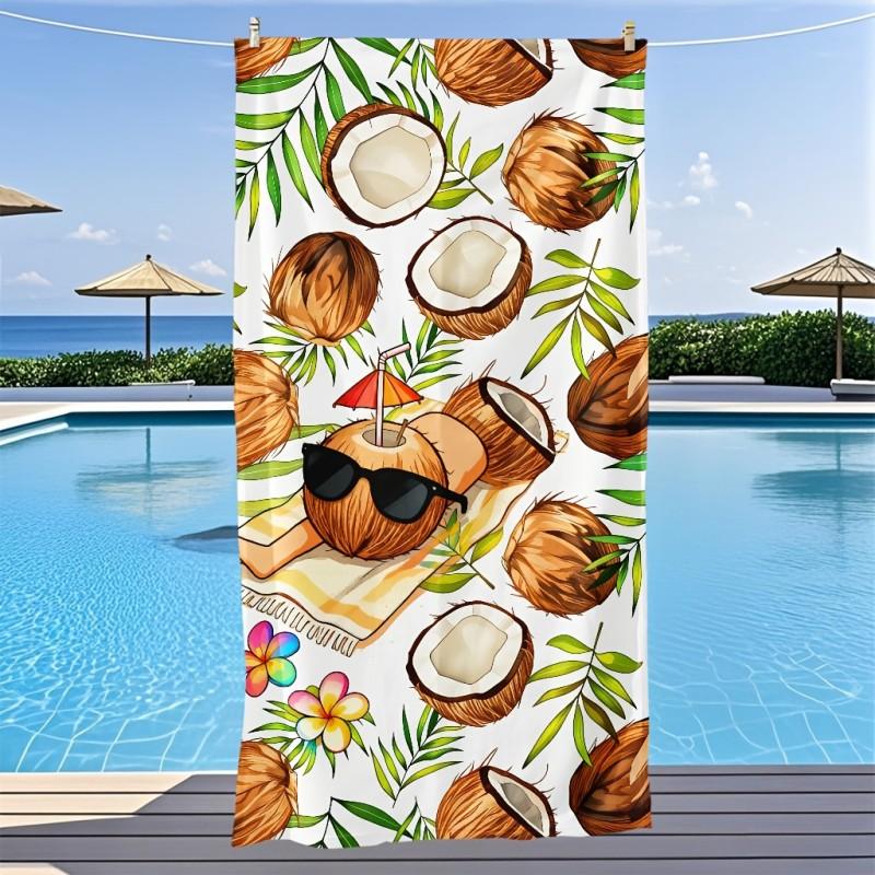 Tropical Coconut Cartoon Style White Background Relaxed Sunglasses Coconut Palm Leaf Print Quick Dry Beach Towel