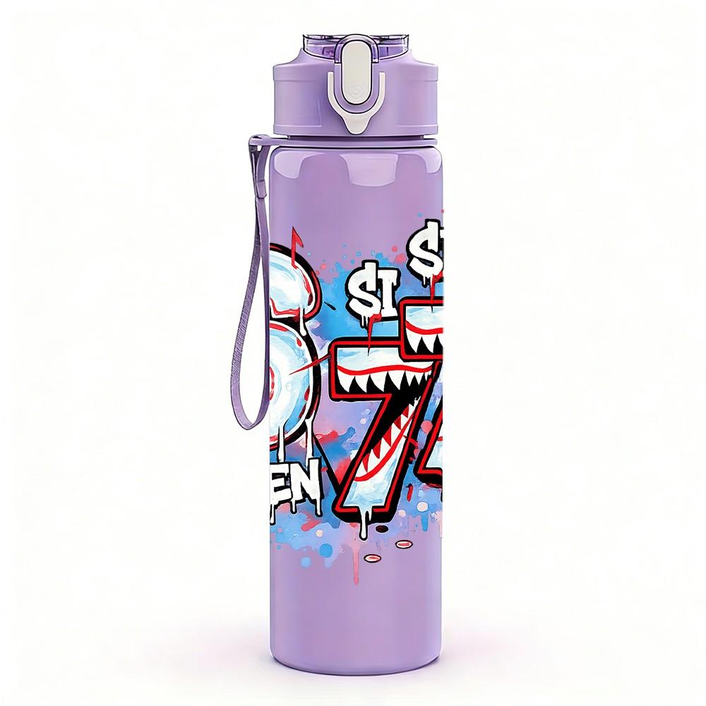 1PC Graffiti Number Six Seven Print 750ml Color Plastic Sports Water Bottle Leakproof Flip Straw Lid Suitable for Sports Office Home Use