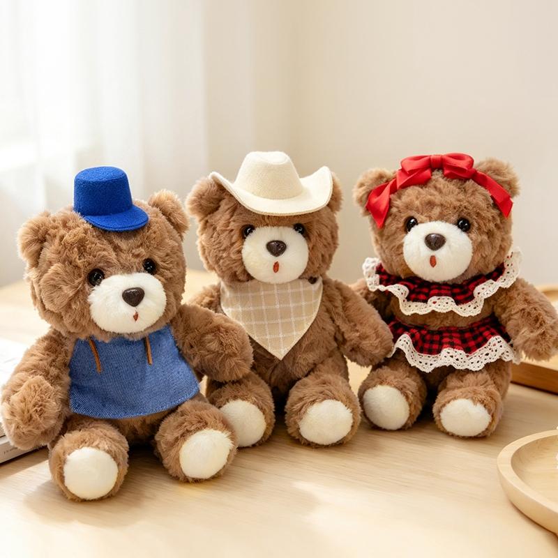 Stuffed Bear Plush Toy 3 Styles Brown Bear Cowboy Hat Red Bow Blue Hat Soft Plush Desk Ornament Home Office Room Decor Gift