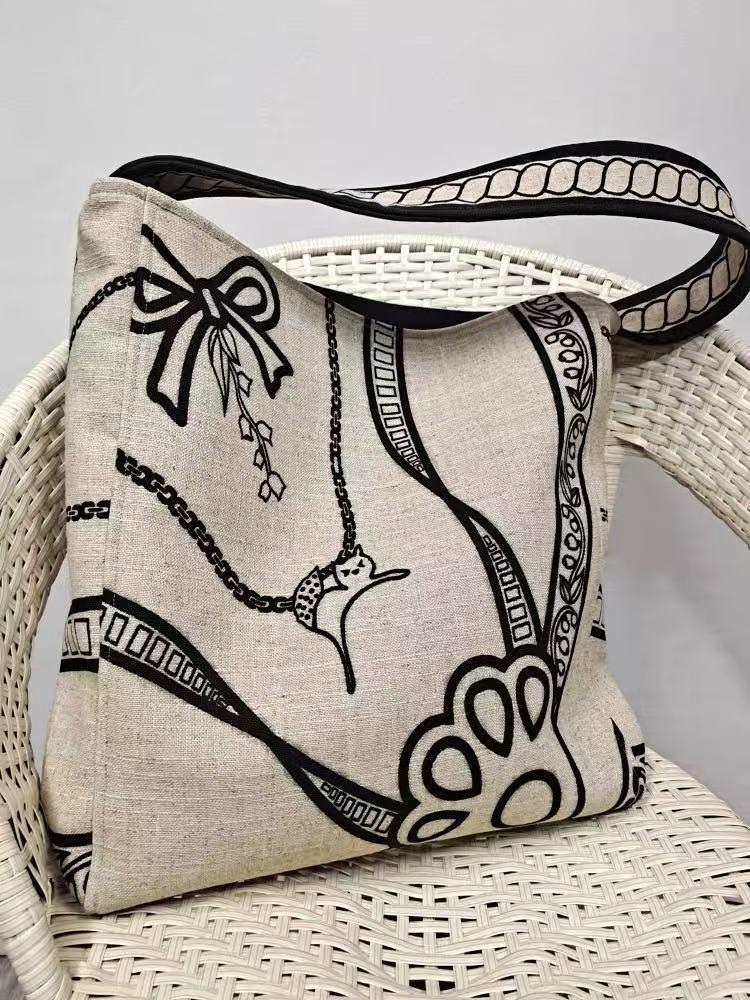 Linen Large Capacity Canvas Tote - Natural Woven Cloth Bag with Totem Design