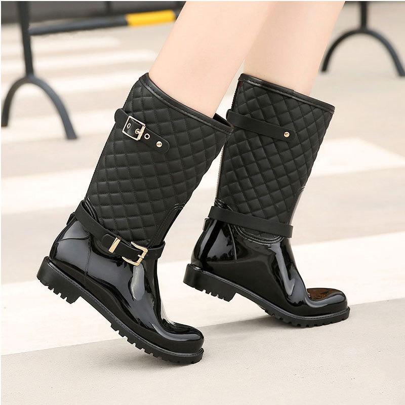 European Water Shoes Plus Cotton Women's Plaid Fashion Hunter Rain Boots Hemming Accessories Thermal Medium Tube Rain Shoes