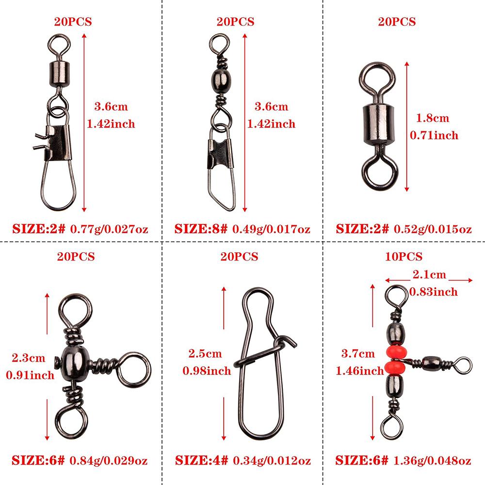 140Pcs Fishing Swivel Snaps Kit Ball Bearing Swivel Snap Barrel 3 Way Triple Swivel Connector Clips Beads Fishing Accessories
