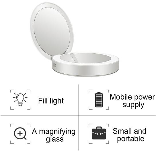 Portable Mini LED Light Tri-fold Illuminating Folding Power Bank Makeup Mirror