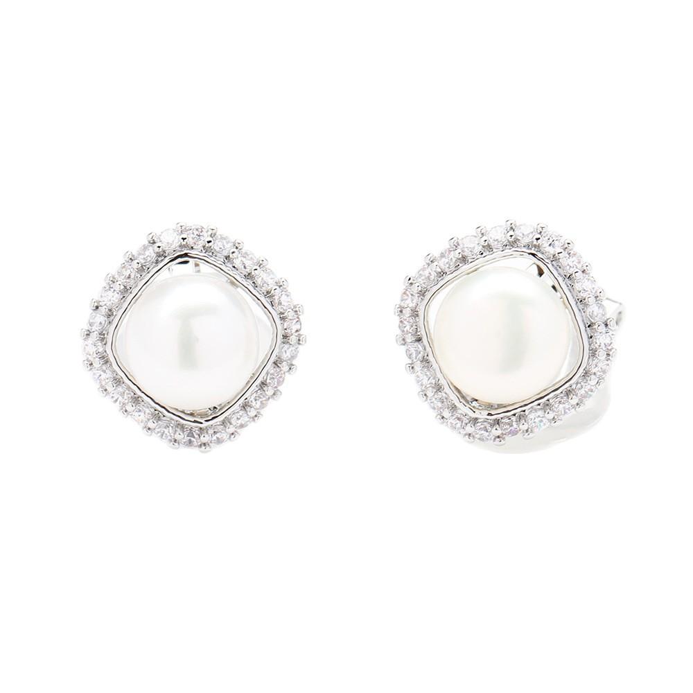 New Fashion Natural Freshwater Pearl Geometric Earrings Stone Inlaid Exquisite Temperament Silver Ear Piercing Ear Clip Ear Ornament for Women