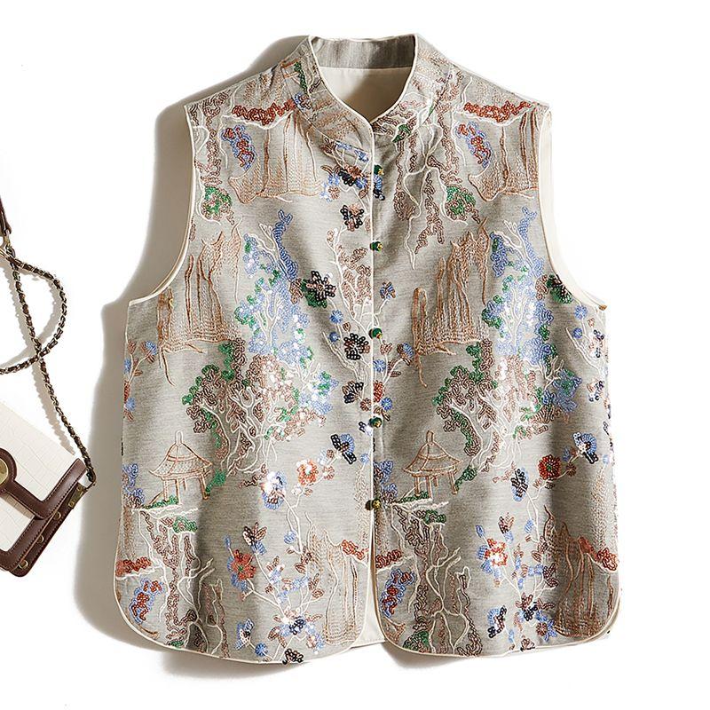 

Look at the Details! Full Body Sequin Embroidered Ramie Cotton Small Stand Collar Single-Breasted Starlight Chinese Vest Female Strong Push Color(Embroidered with Sequin) L