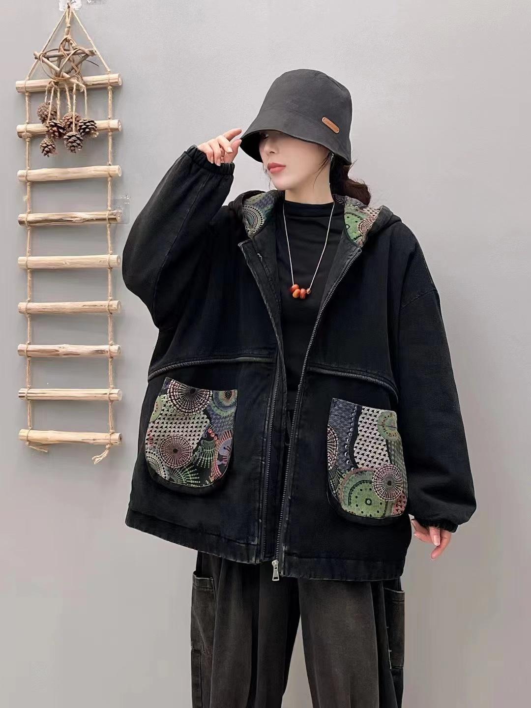 

2025 autumn new denim print pocket top trendy long sleeve black high-end versatile comfortable loose coat Average size