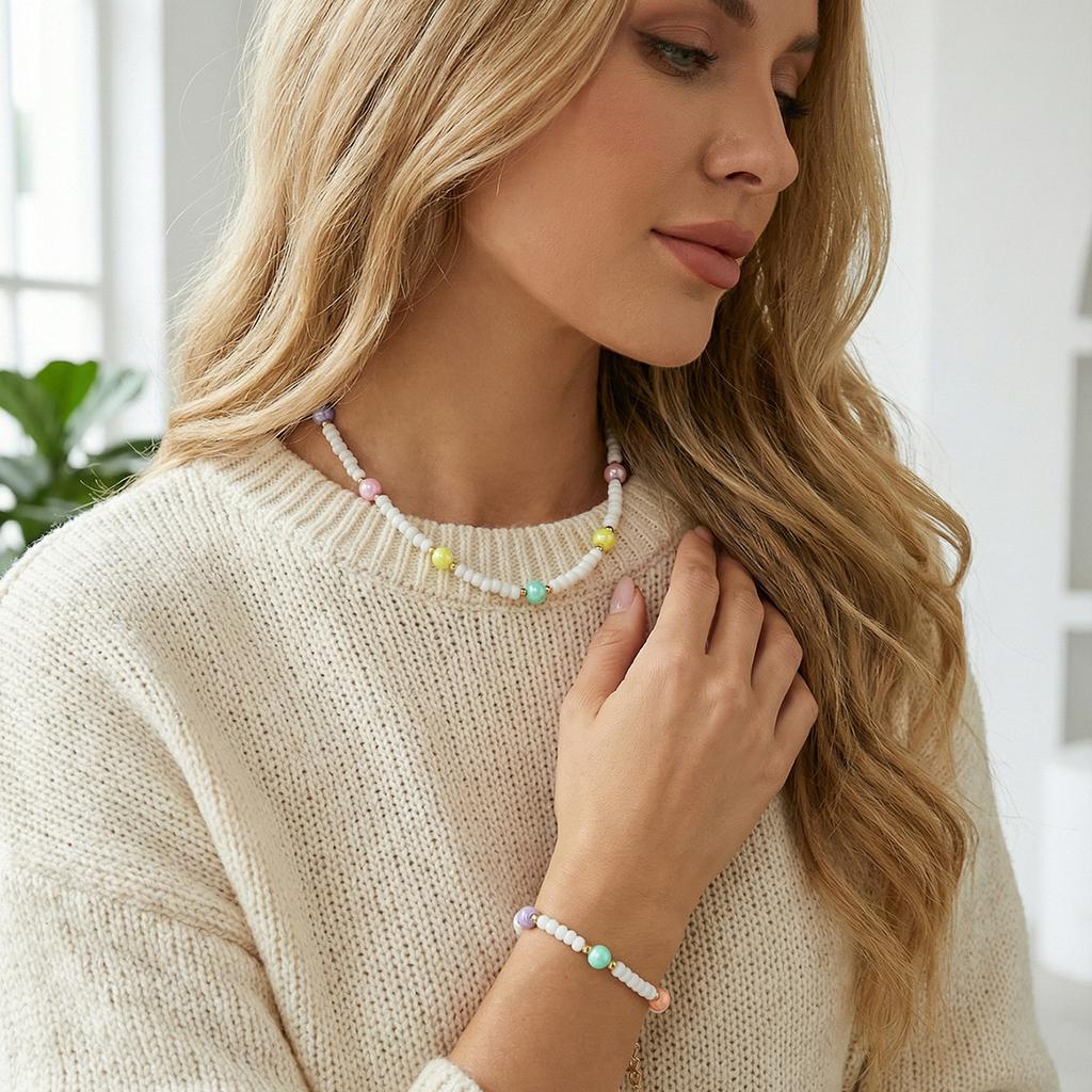 ins cold wind summer color pearl beaded necklace bracelet set, bohemian stacked neck chain