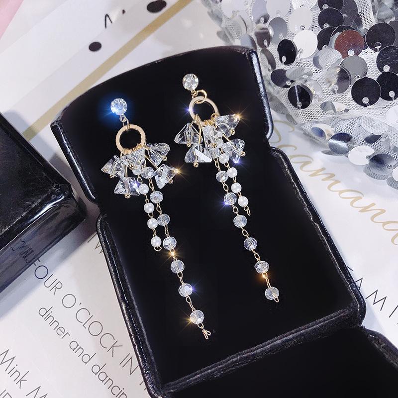 Irregular Crystal Flower Imitation Pearl Tassel Long Drop Earrings for Female Geometric Pendant Ear Wedding Jewelry