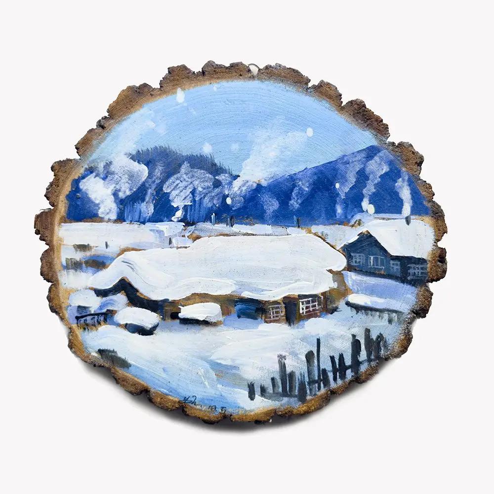 

Скандинавские ретро круглые деревянные детали, расписанные вручную, подвеска со снежной сценой, украшение для гостиной, украшение для дома, фон, настенное украшение