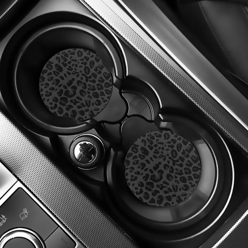 Car Cup Holder Coasters, 2 Pack Universal Auto Anti Slip Ert Coaster with A Finger Notch, Cute Car Assecories for Women - Black Leopard Print