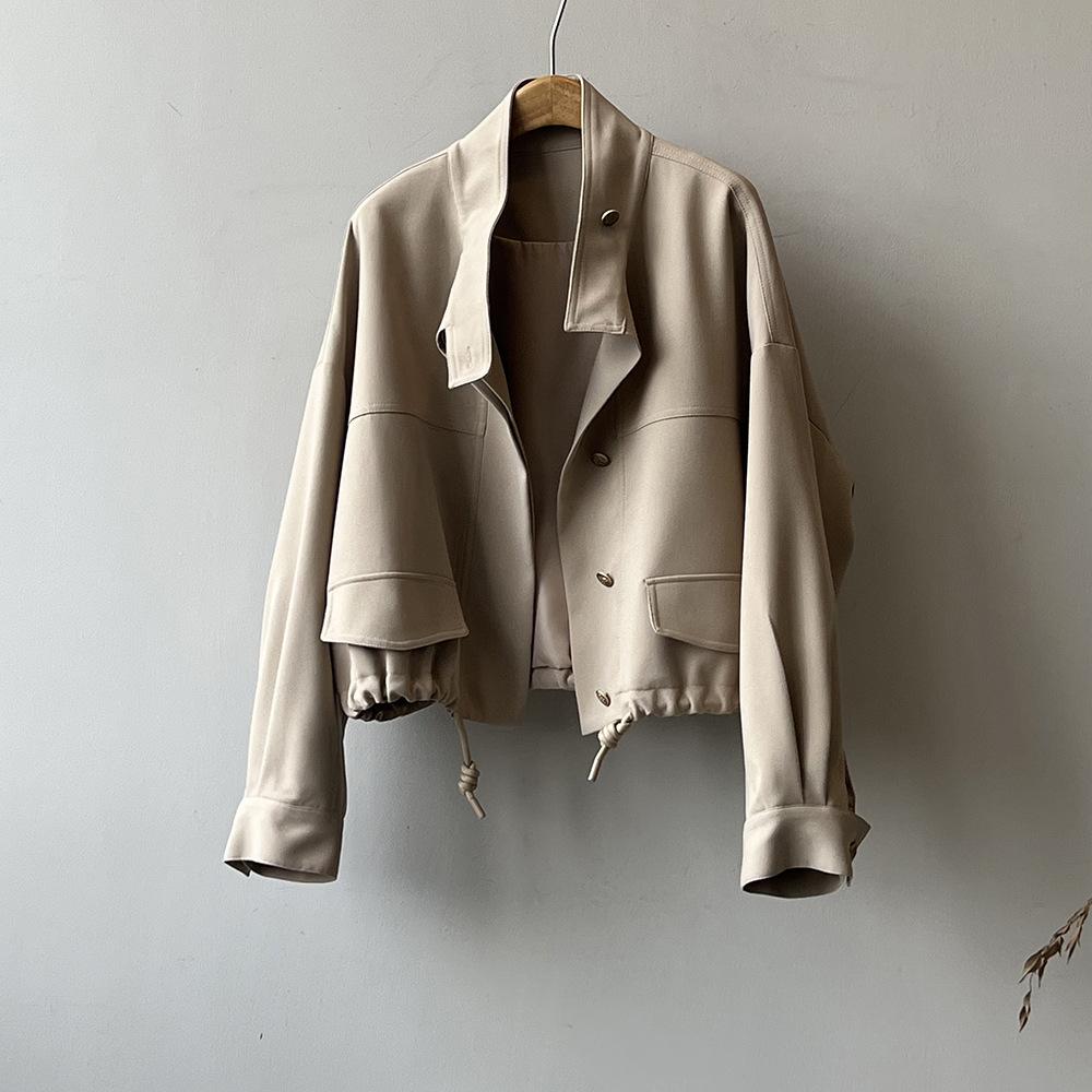 Korean Standing Collar Jacket Cardigan Women's Autumn New Loose Hem Drawstring Short Jacket