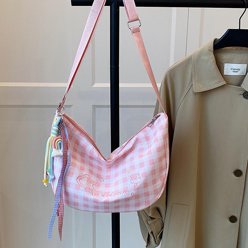 Casual Plaid Shoulder Bags for Women Lightweight Simple Ladies Crossbody Bag Purse Embroidered Deisgn Female Hobos Phe Handbag