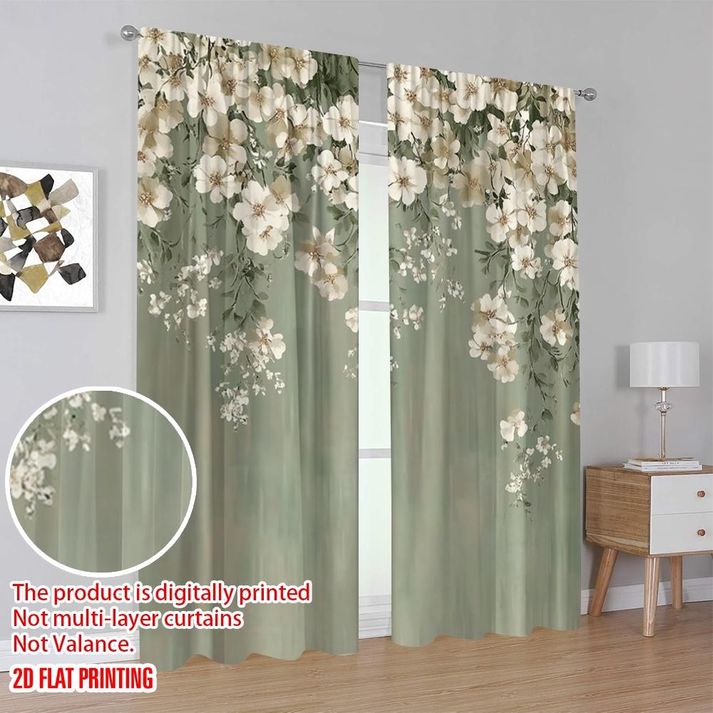 2 st Osäljbar Rea Fönstergardiner Eleganta gröna och vita blommor Mångsidig 100% Polyester, Utan Elektricitet Vårfest &