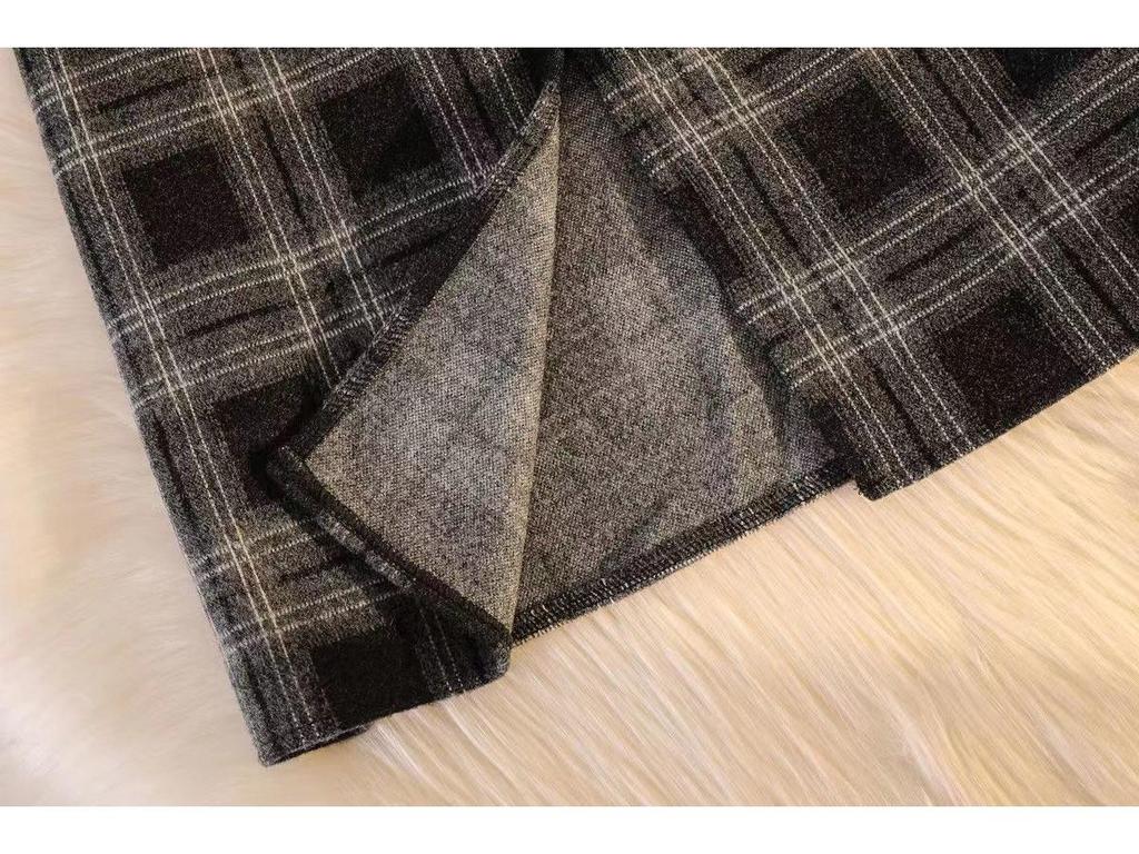 Plaid Tweed High Waist Midi Skirt - Korean Style, Thickened, Warm, Elastic, with Slit.