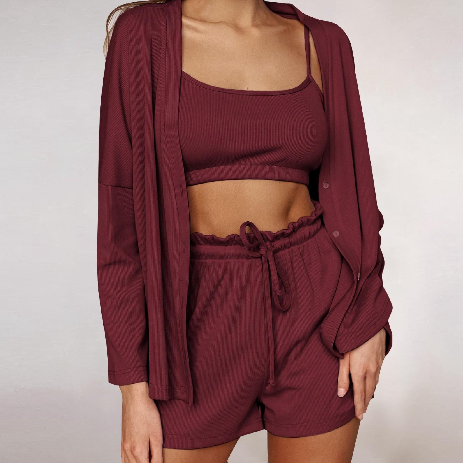 

Пижамные комплекты для женщин, мягкие комплекты домашней одежды из трех предметов, топы с длинными рукавами, шорты, жилет, подходящие пижамы, одежда для сна S винный