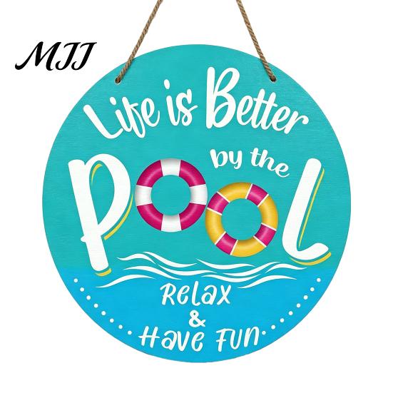 Beach House Decoration Summer Pool Wooden Hanging Sign, Weather Resistant Solid Wood Plaque with Sign Hemp Rope for Outdoor Party And Swimming Decor