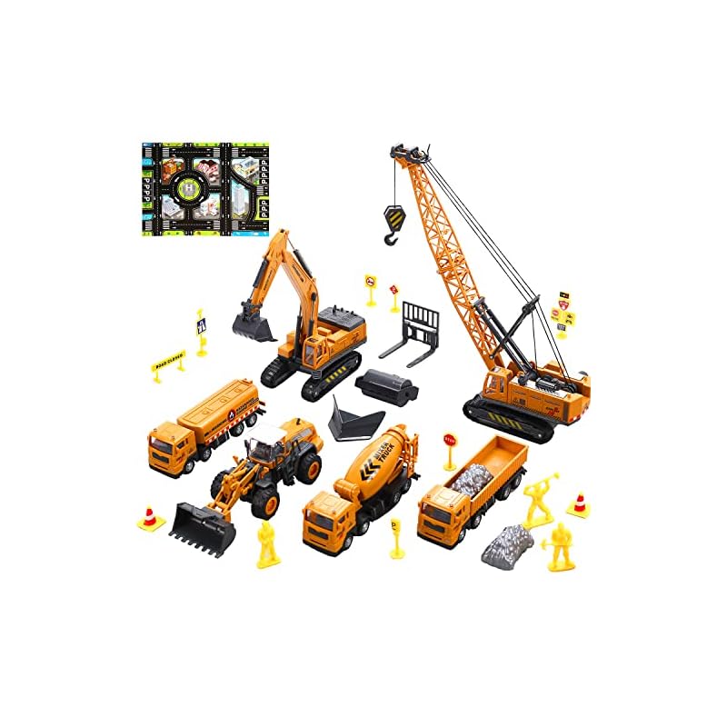 Cute Stone Construction Vehicle Toy Set, 27-Piece Set, 3-in-1 Construction Vehicles, Tractor, Work Vehicles, Large Play Mat, Mini Car, 90-Degree