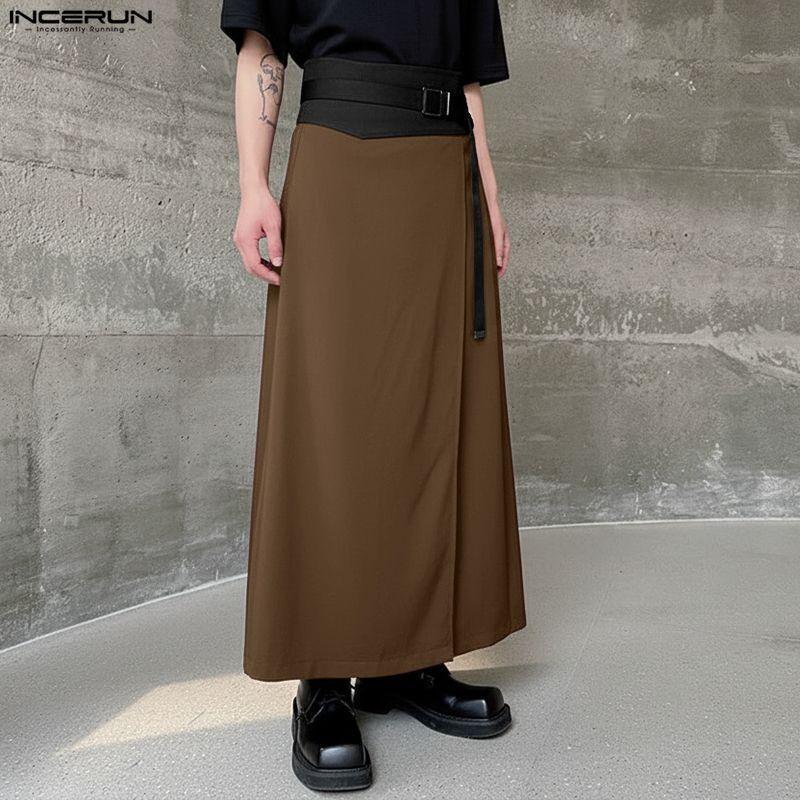 INCERUN Men Women Patchwork High Waist Belt Casual Ruffled Pleated Skirts