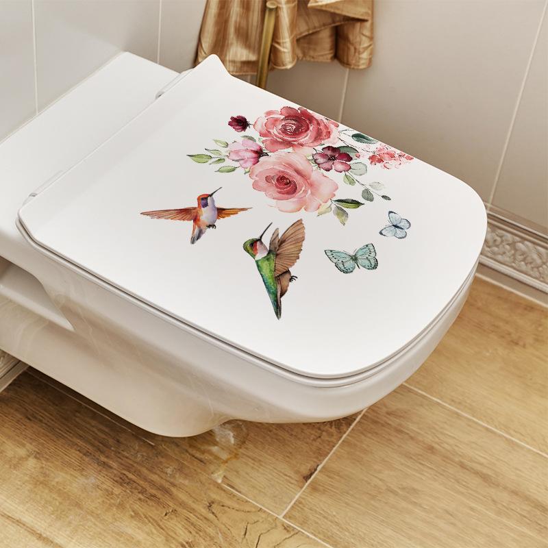 Hummingbird Flower Toilet Sticker Self-Adhesive Bathroom Waterproof Decoration Removable Wall Art