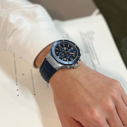 Salvatore Marra Men's Chronograph Watch, 10 ATM Water Resistant, Leather Strap, Business Style, 20th Anniversary Limited Edition, Blue/Navy, SM18117-S