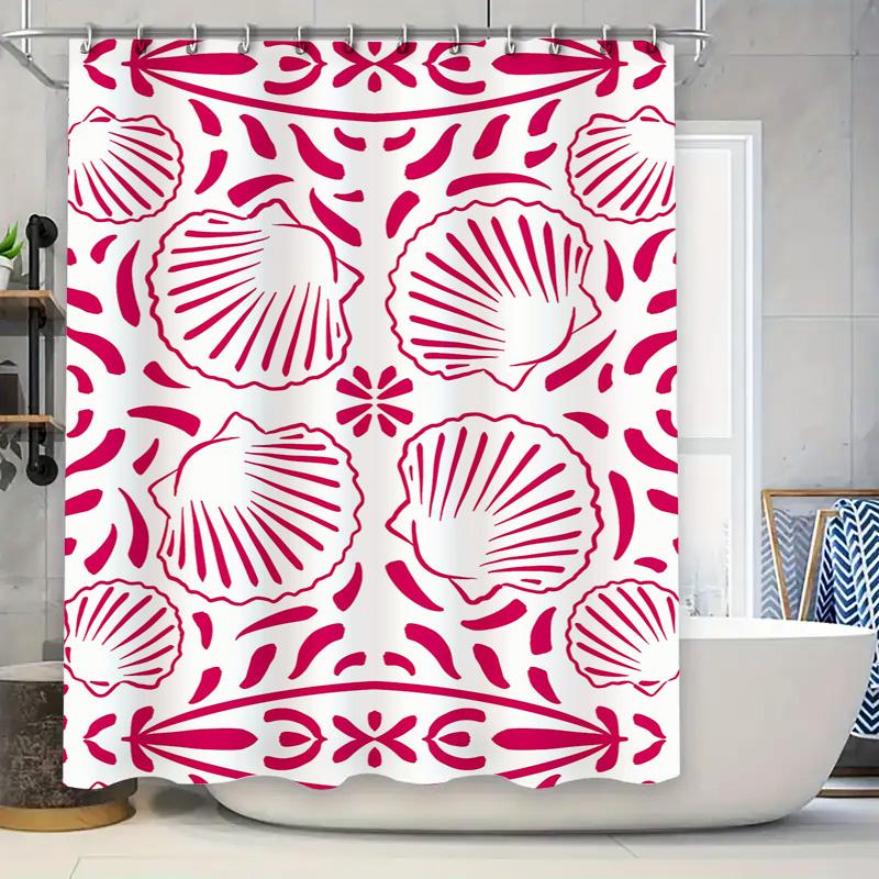 

Retro Style Shell Pattern Shower Curtain Pink White Striped Decorative Bath Liner For Home Bathroom 180Cm Length Waterproof Fabr W60H190(CM)-1 Pcs