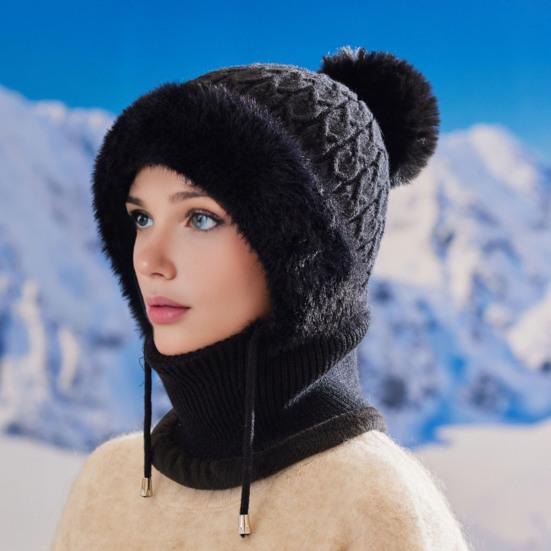 Knitting Hat Women Windproof Insulated Design Winter Hat with Plush Ball Unique Texture 3-in-1 Thickened Hat Face Guard Scarf