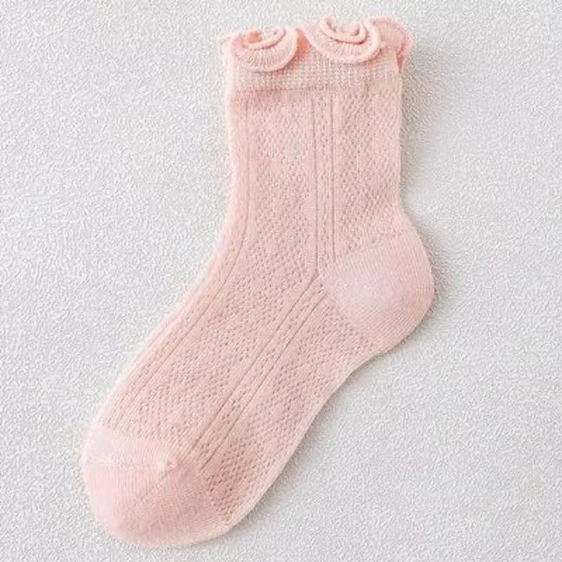 Spring and Summer Girls New Thin Breathable Comfortable Cotton Mesh Solid Lace Fashion Wooden Ear Edge Princess Socks