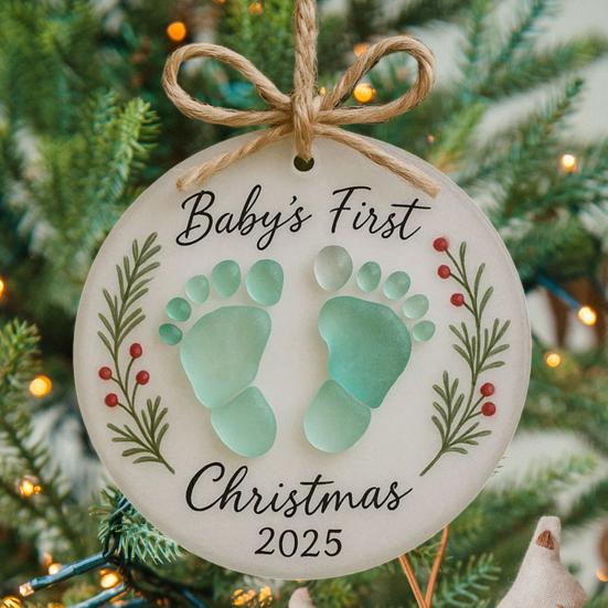 Baby's First Christmas Sea Glass Ornament Baby's Footprint Keepsake for Newborn Girl Boy Gift Coastal Christmas Tree Ornament for Home Decor
