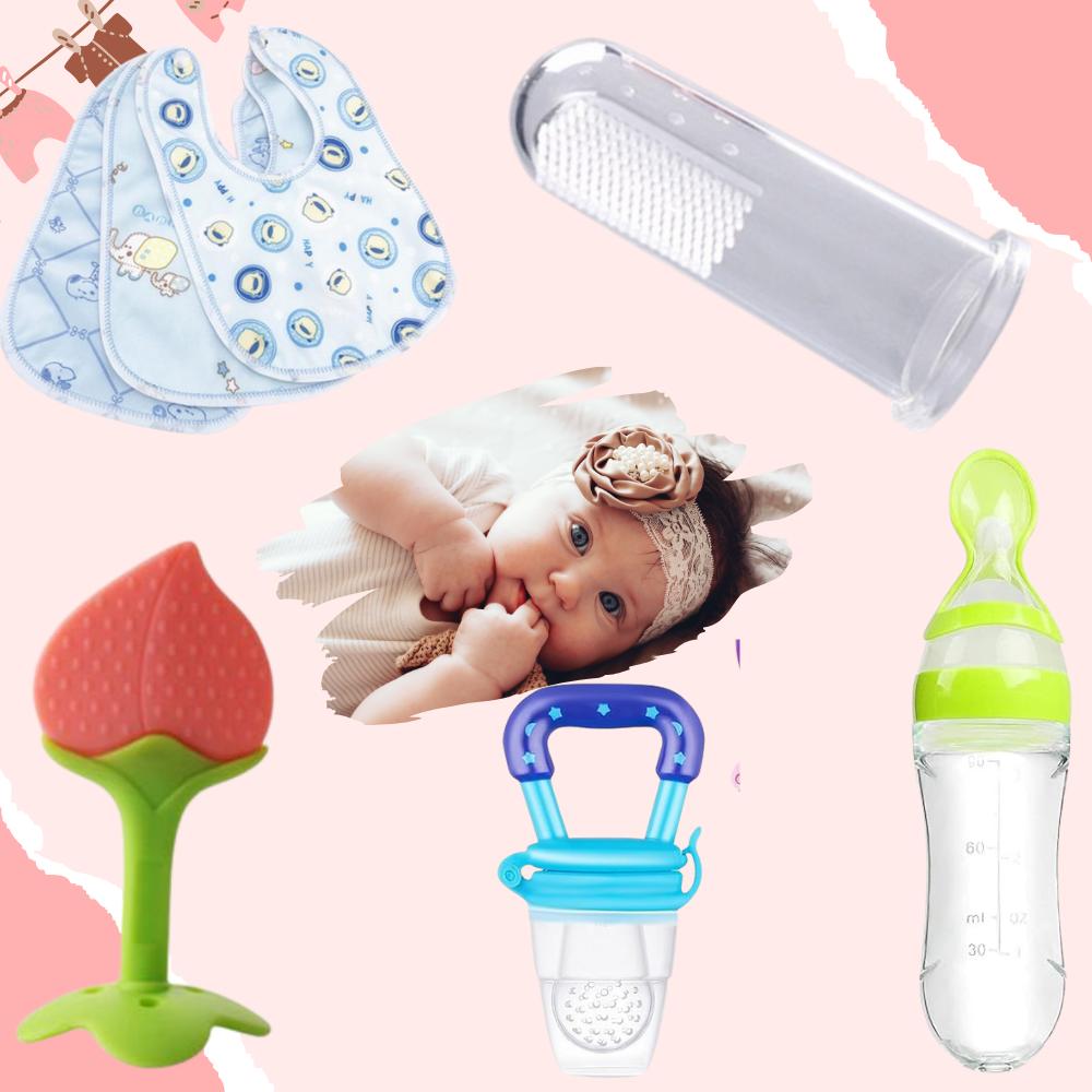 Baby Care Combo – Tree Teether, Spoon Feeder Bottle, Fruit Feeder, Finger Brush & Button Bib Set