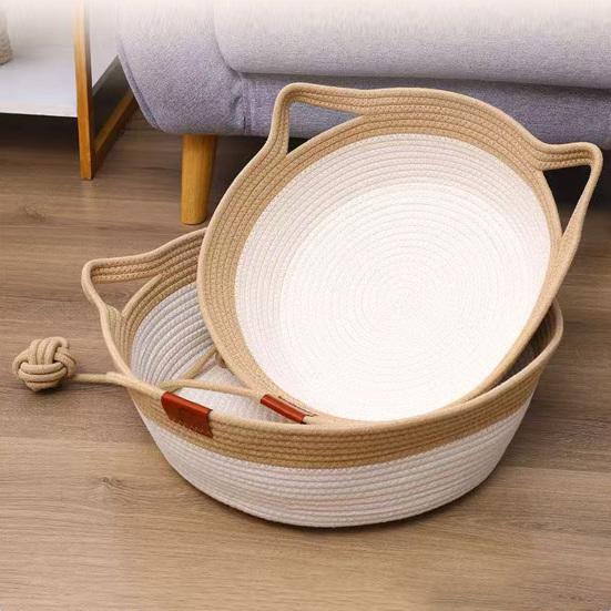 Cat Bed Basket Cotton Rope Woven Pet Bed Breathable Cat Ear Pet Sleeping Basket with Ball Toy for All Seasons Medium Large Cats