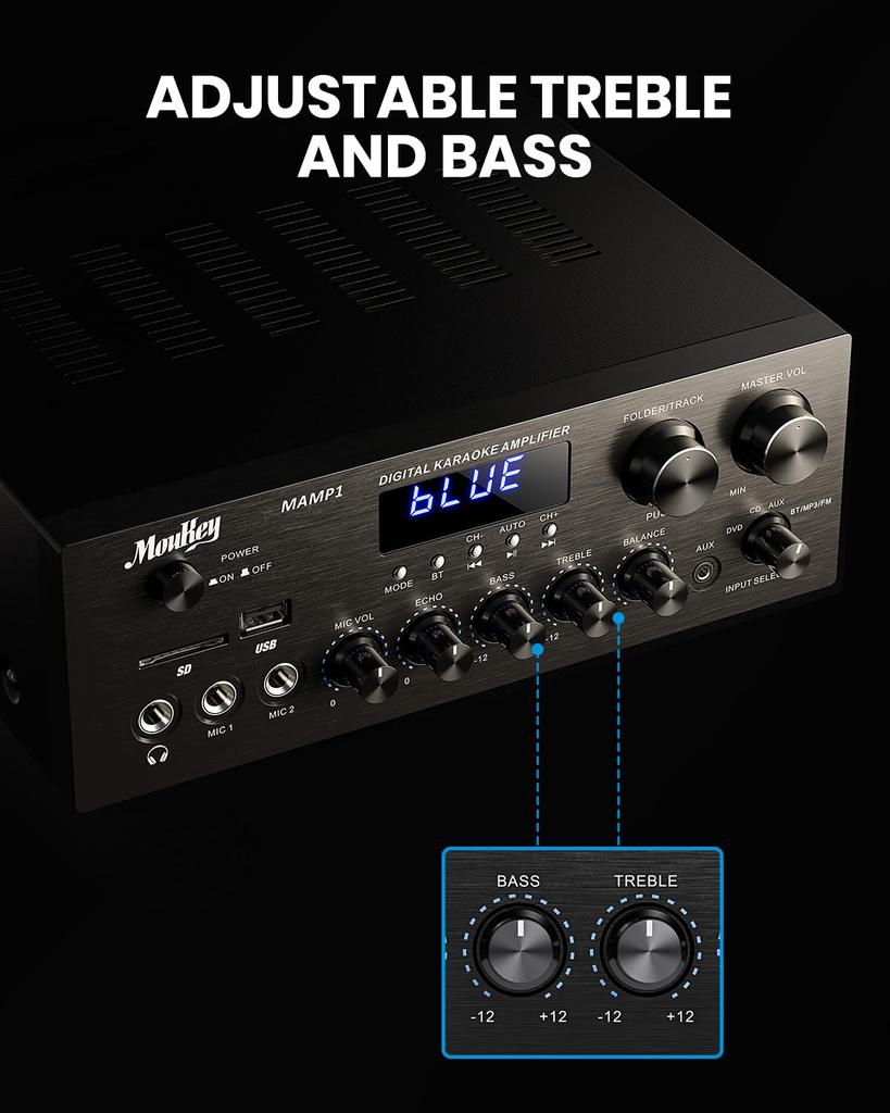 Moukey Erősítő Rendszer Mikrofon Mixer Max Kimenő Teljesítmény 220W Bluetooth Kompatibilis Kétcsatornás Hang Audio Sztereó Erősítő Monitorozás USB, SD, AUX,