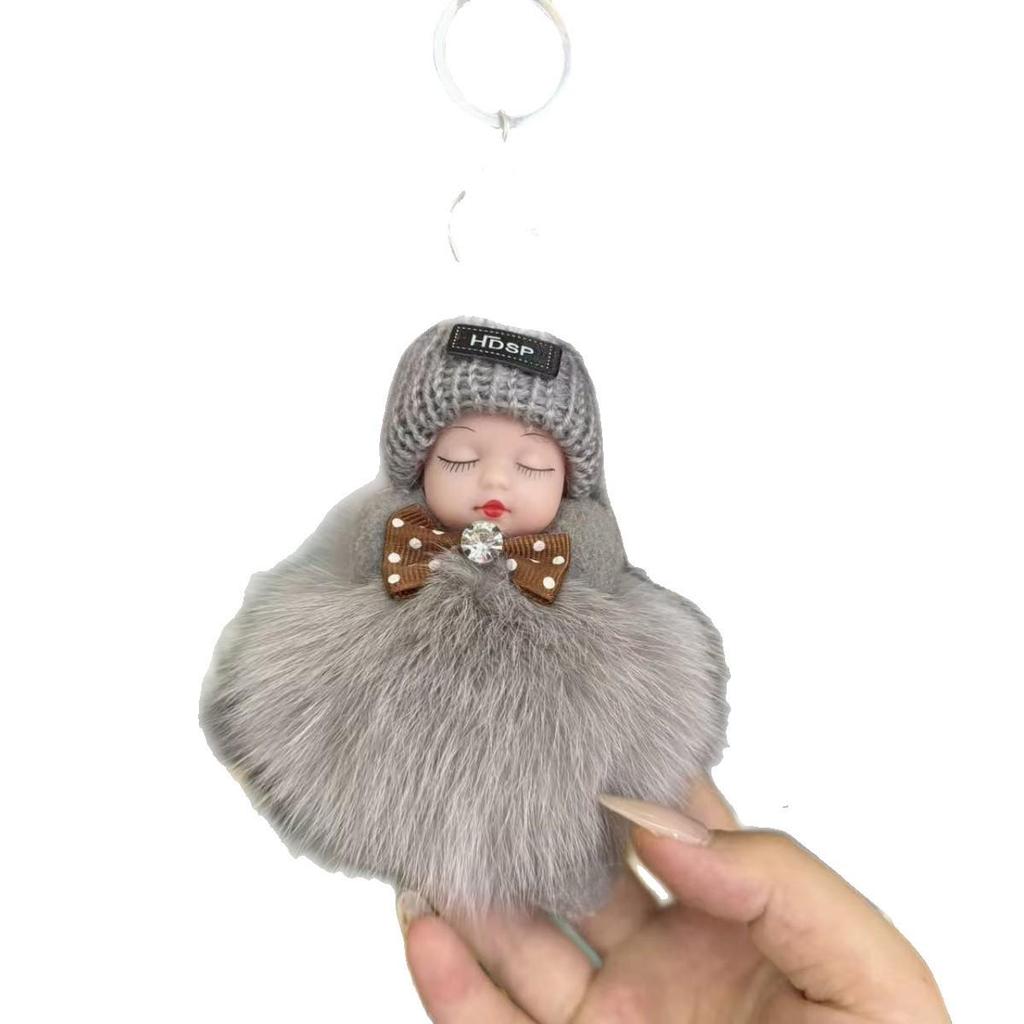 Authentic Fox Fur Pompon Keychain: Cute Plush Sleeping Doll Bag Charm