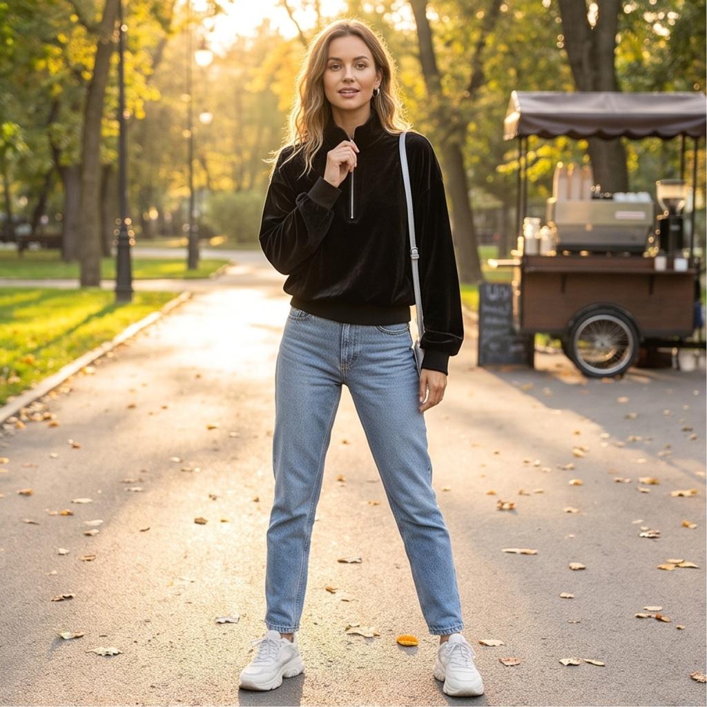 Women's Casual Color Velvet Top with Stand Collar and Long Sleeve - Loose Fit Blouse