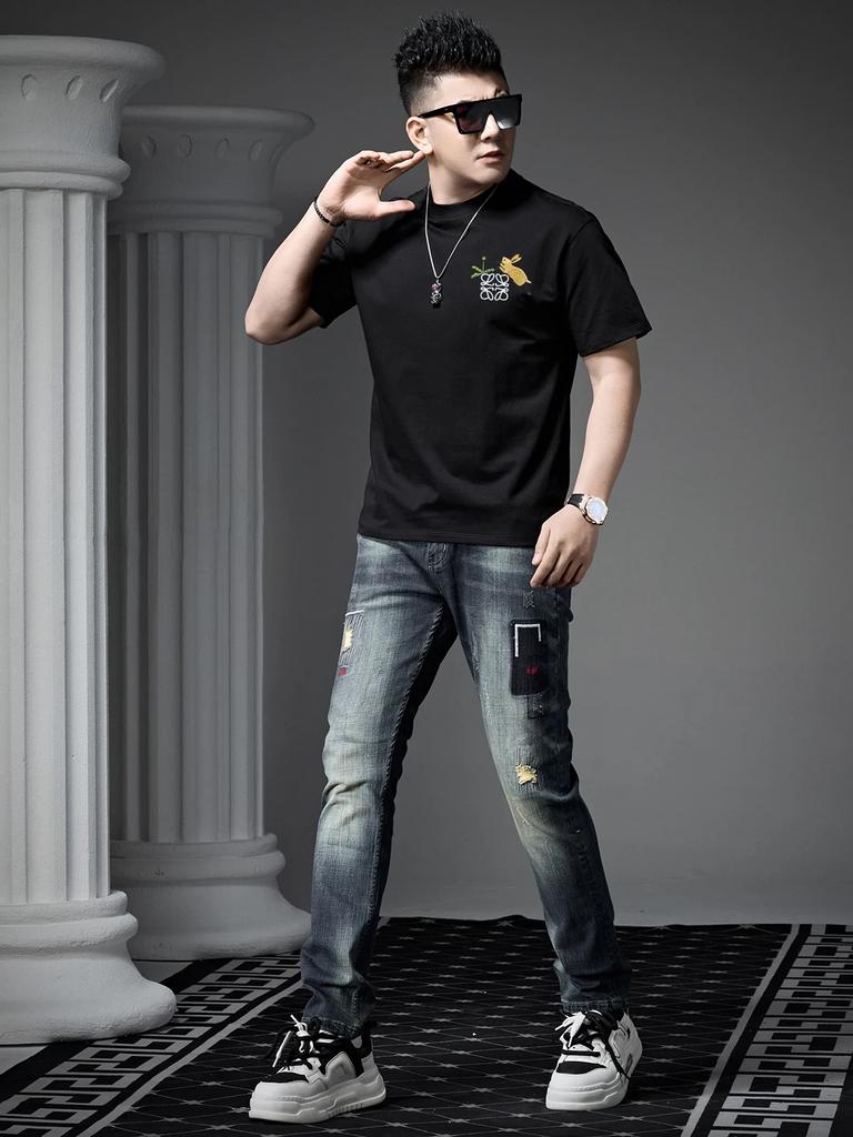European Trendy Brand Pure Cotton Short-Sleeve T-Shirt for Men, Summer 2026 New Fashion Embroidered Tee, Half-Sleeve Top, Base Shirt