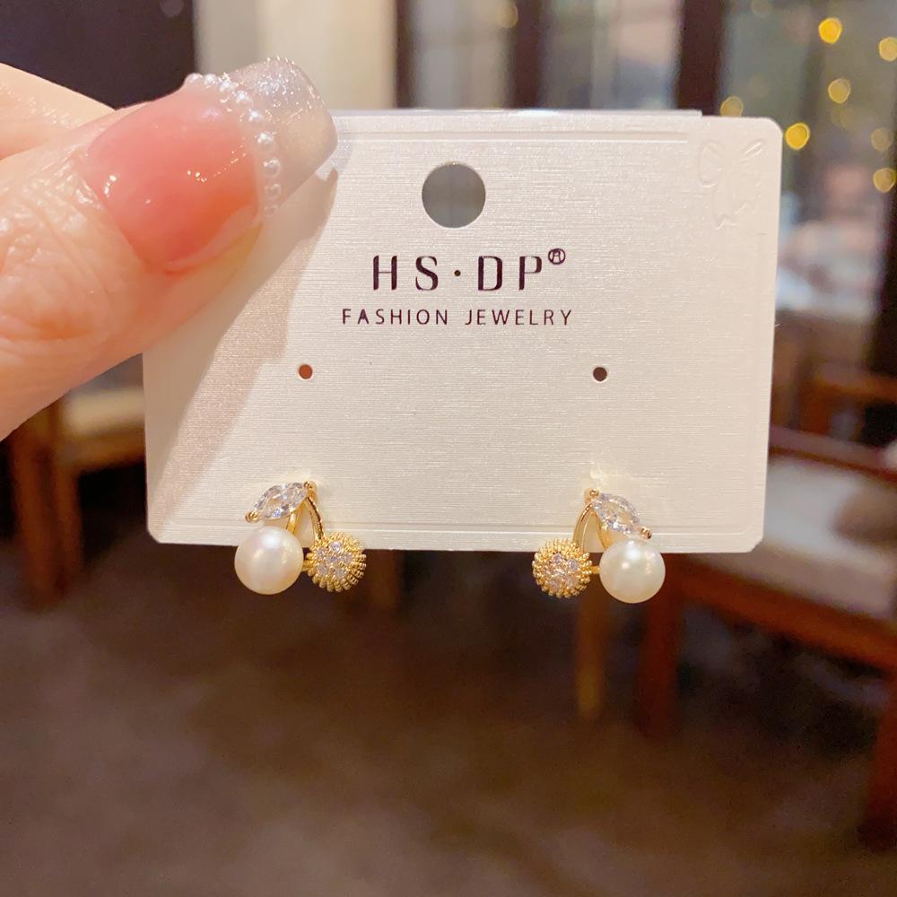 Delicate Fashion Simple Versatile Zircon Pearl Cherry Stud Earrings For Women