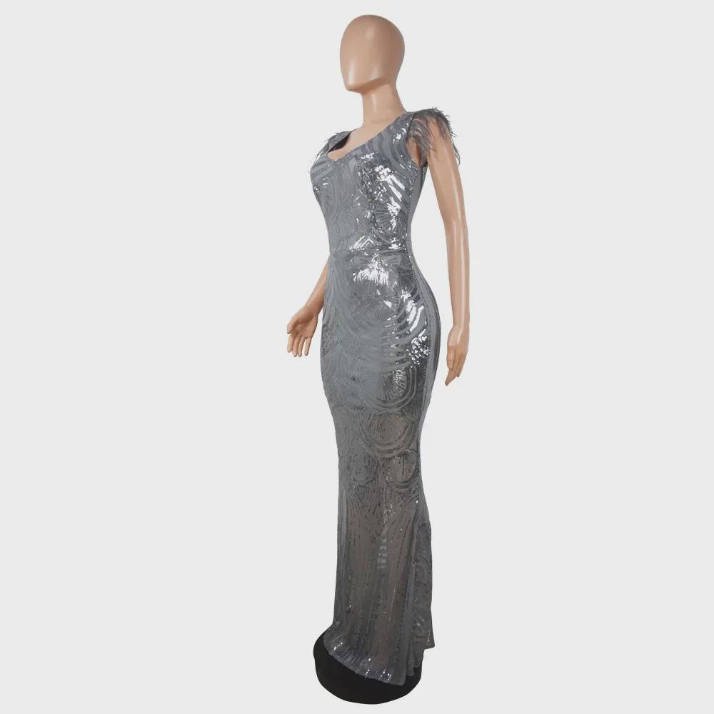 Elegantes europäisches und amerikanisches Pailletten-Abendkleid mit gefiederten Schultern