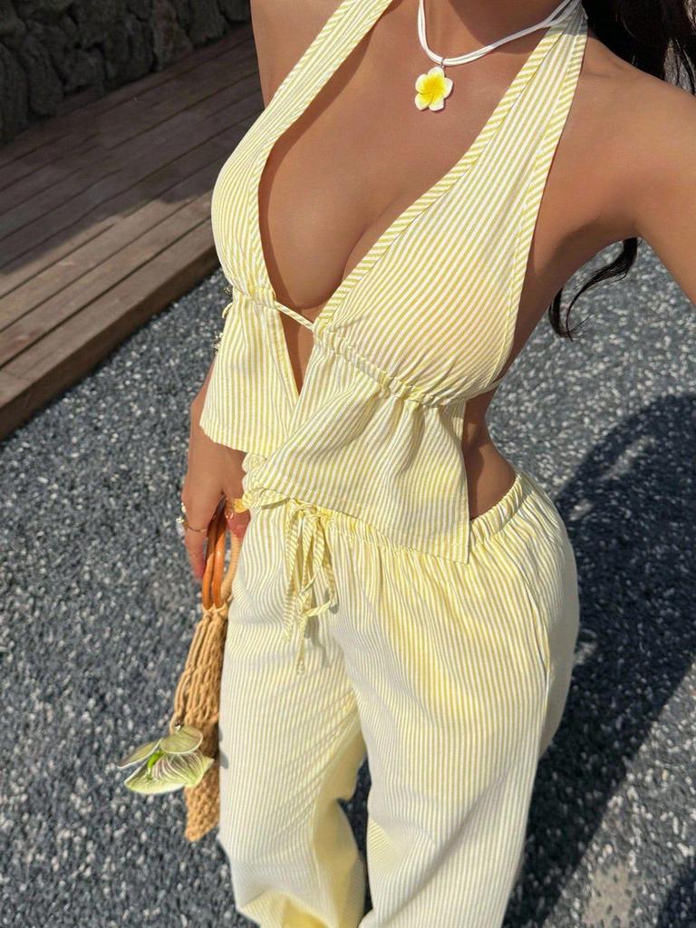 2026 Cross-Border Summer Striped V-Neck Vest & Straight-Leg Pants Set